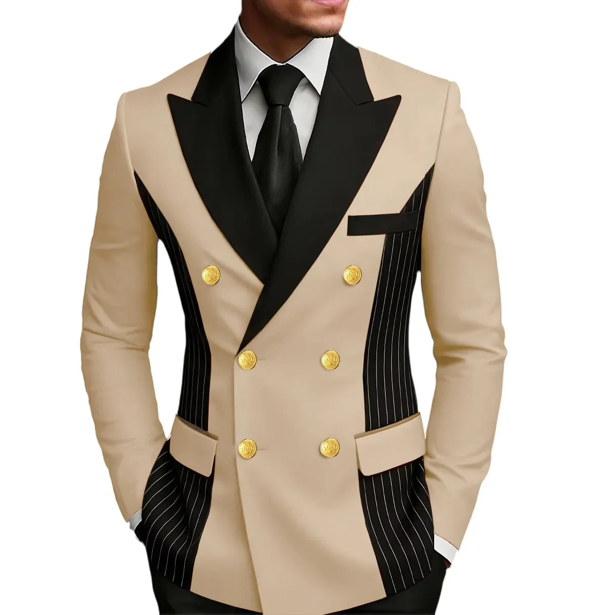 Men's Double Breasted Blazer Striped Patchwork Peak Lapel Slim Fit Formal Wedding Suit Jacket