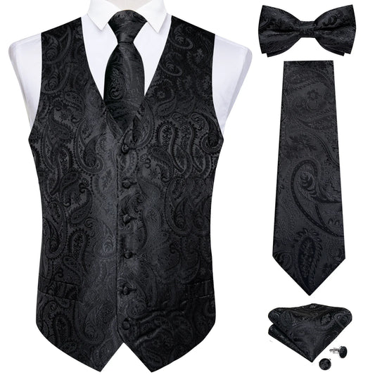 Men's Suit Vest with Necktie Bow Tie Handkerchief Cufflinks – Black Paisley Formal Waistcoat for Wedding & Tuxedo