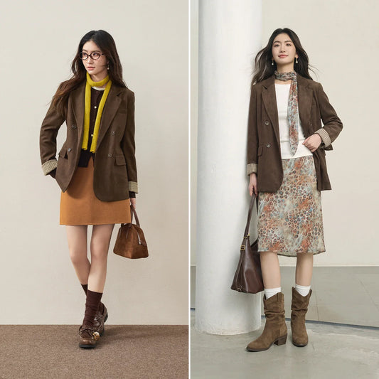 Women's Suede Casual Blazer Notched Lapel Loose Mid Length Outerwear 2026 Autumn New Brown Ladies Coat W63XC8300