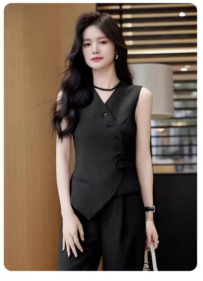 Office Female Suits Vest Coat Spring Summer V-Neck Diagonal Buckle Sleeveless Blazers Jacket Women Fashion Thin Slim Waistcoat