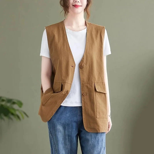 Spring Ladies V-neck Loose Waistcoat Jacket Korean Female Solid Color Vest Tops Korean Women Fashion Thin Casual Sleeveless Coat