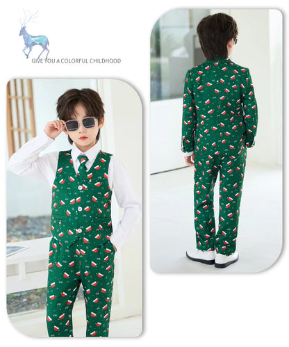 Boys Christmas Blazer Jacket Waistcoat Pants Wedding Suits Kids Morning Coat Formal Dress Children Tuxedos Toddler Clothes Sets