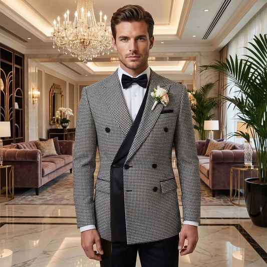 Italian Style Men's Double-Breasted Plaid Casual Suit Jacket Wedding Party Plaid Pattern Business Suit Jacket