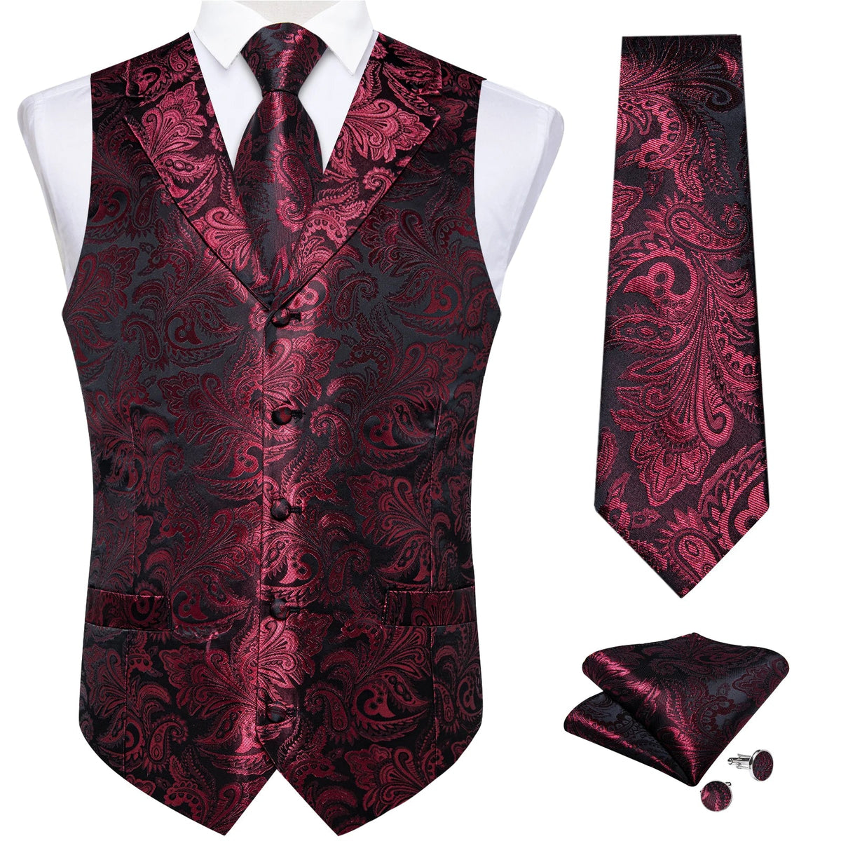 Men's Paisley Suit Vest – Single-Breasted Waistcoat with Tie, Handkerchief & Cufflinks for Weddings & Banquets
