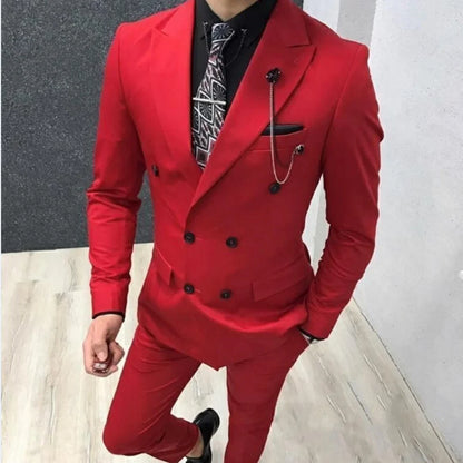 Red Handsome Double-Breasted Groomsmen Peak Lapel Groom Tuxedos Men Suits Wedding/Prom/Dinner Best Man Blazer(Jacket+Pants+Tie)