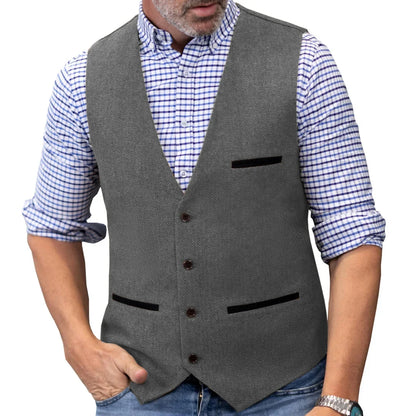 Men's Herringbone Tweed Vest Single Button V-Neck Waistcoat for Weddings and Formal Occasions
