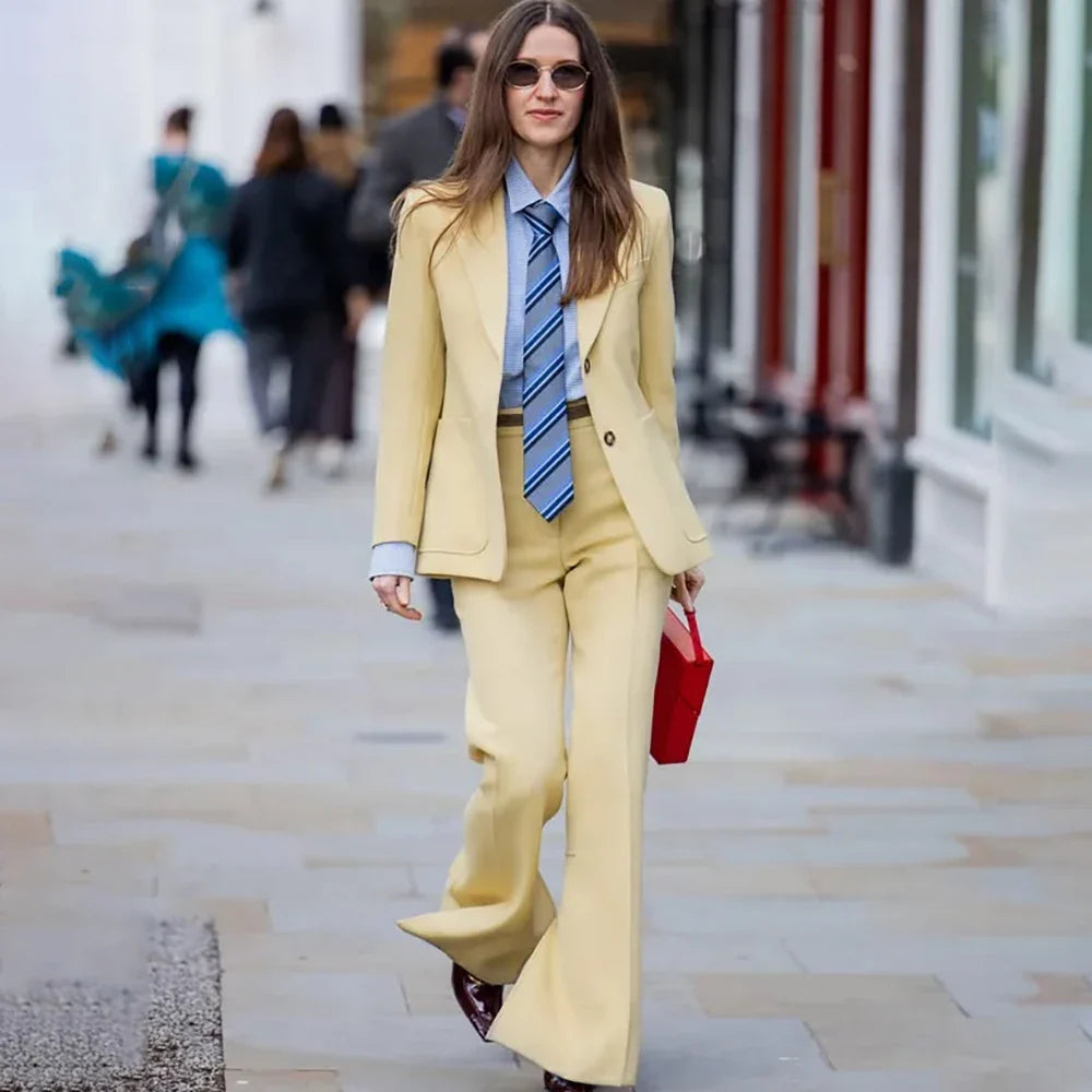 Neutrally Elegant Women Pale Yellow 2 Piece Suit Retro Blazer Flared Trousers Office Streetwear Business Wedding Guest Outfit