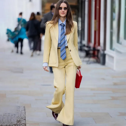 Neutrally Elegant Women Pale Yellow 2 Piece Suit Retro Blazer Flared Trousers Office Streetwear Business Wedding Guest Outfit