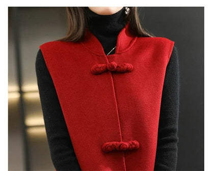 Woolen Vest Women's Standing Neck Button Chinese Style Loose Versatile Thin Wool Vest Outerwear Coat Sleeveless Jacket For Women