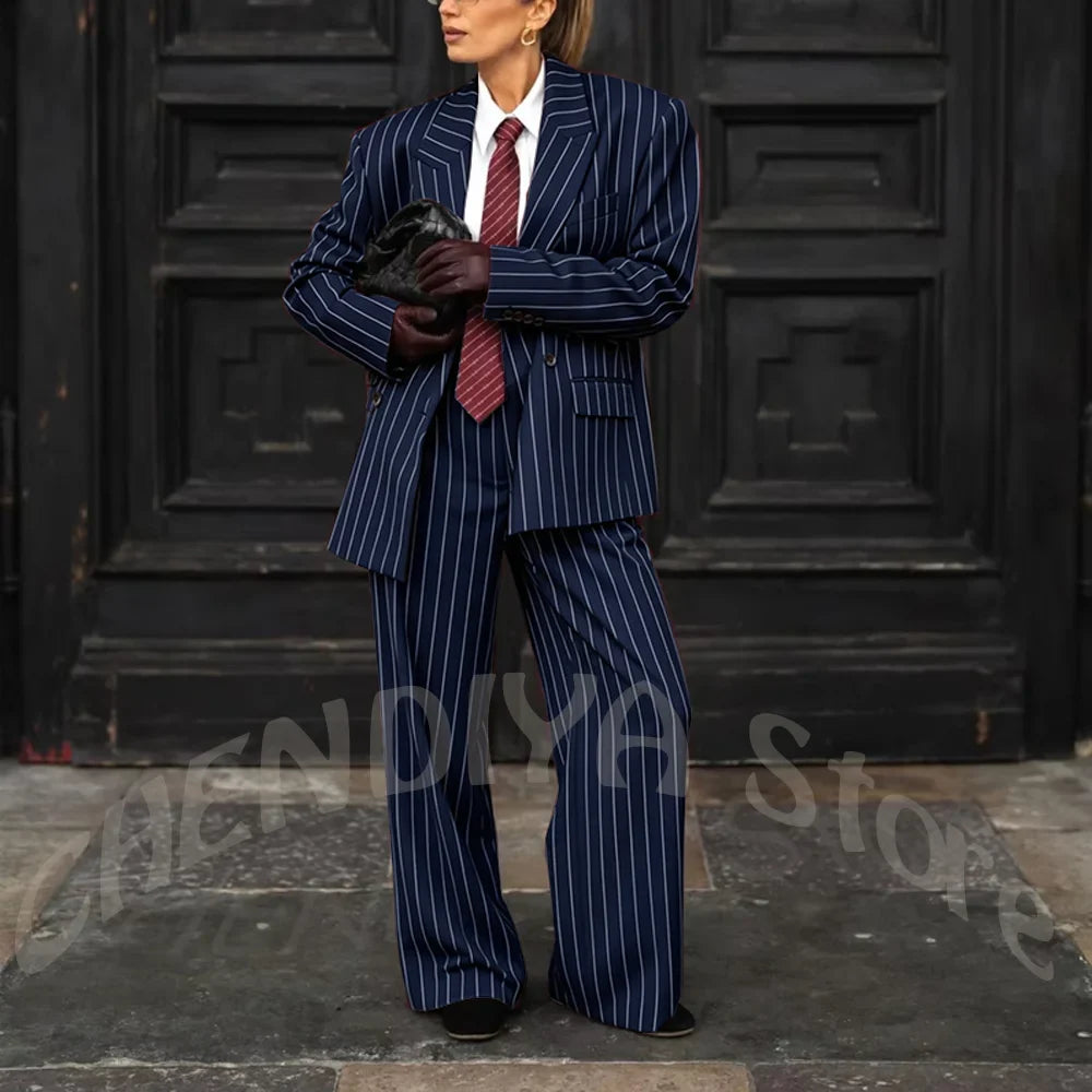 Burgundy Striped Casual Women Suit Two Pieces Jacket Pants Loose Fit Peak Lapel Blazer Set Evening Party Prom Lady Outfit