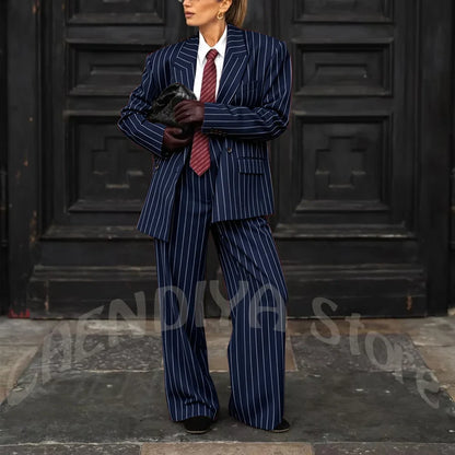 Burgundy Striped Casual Women Suit Two Pieces Jacket Pants Loose Fit Peak Lapel Blazer Set Evening Party Prom Lady Outfit