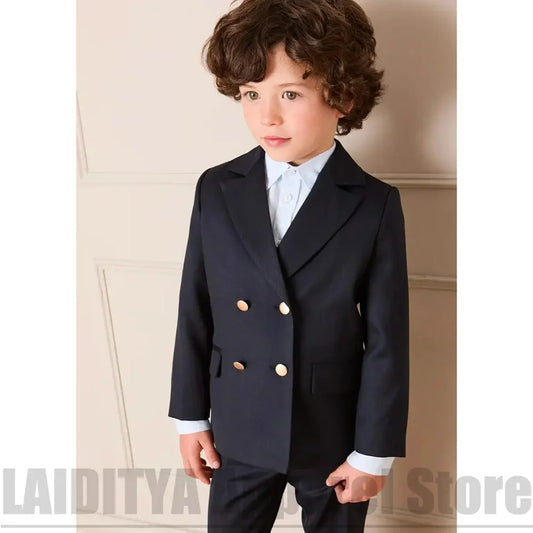 Boys Navy Blue 2 Piece Double Breasted Suit Blazer Pants Kids Formal Wedding Party Piano Performance Flower Boys Tuxedo