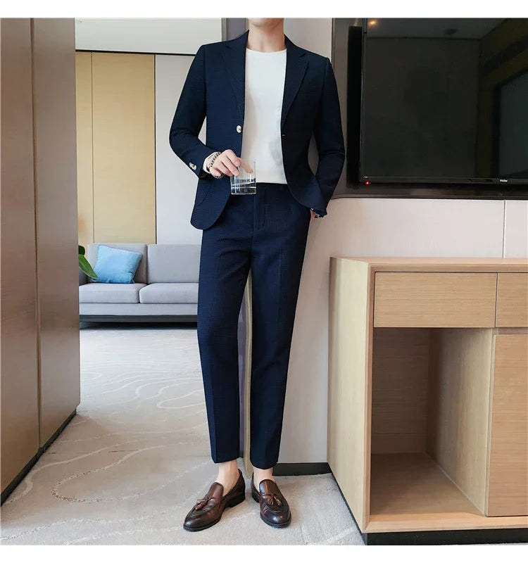 2025 New Waffle Blazers +Pant 2 Piece Set Men Fashion Business Slim Fit Solid Tuxedo Groom Wedding Prom Wear Casual Men's Sets