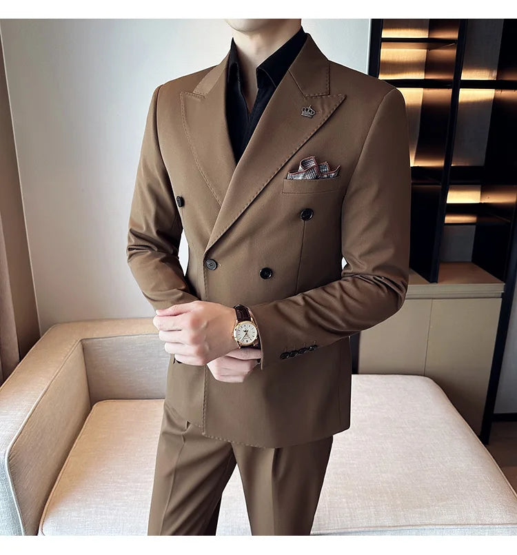 (Blazer + Trousers) Fashion Double Breasted Design Slim Men's Suit Italian Style Luxury Wedding Social Party Tuxedo 2 Piece Set