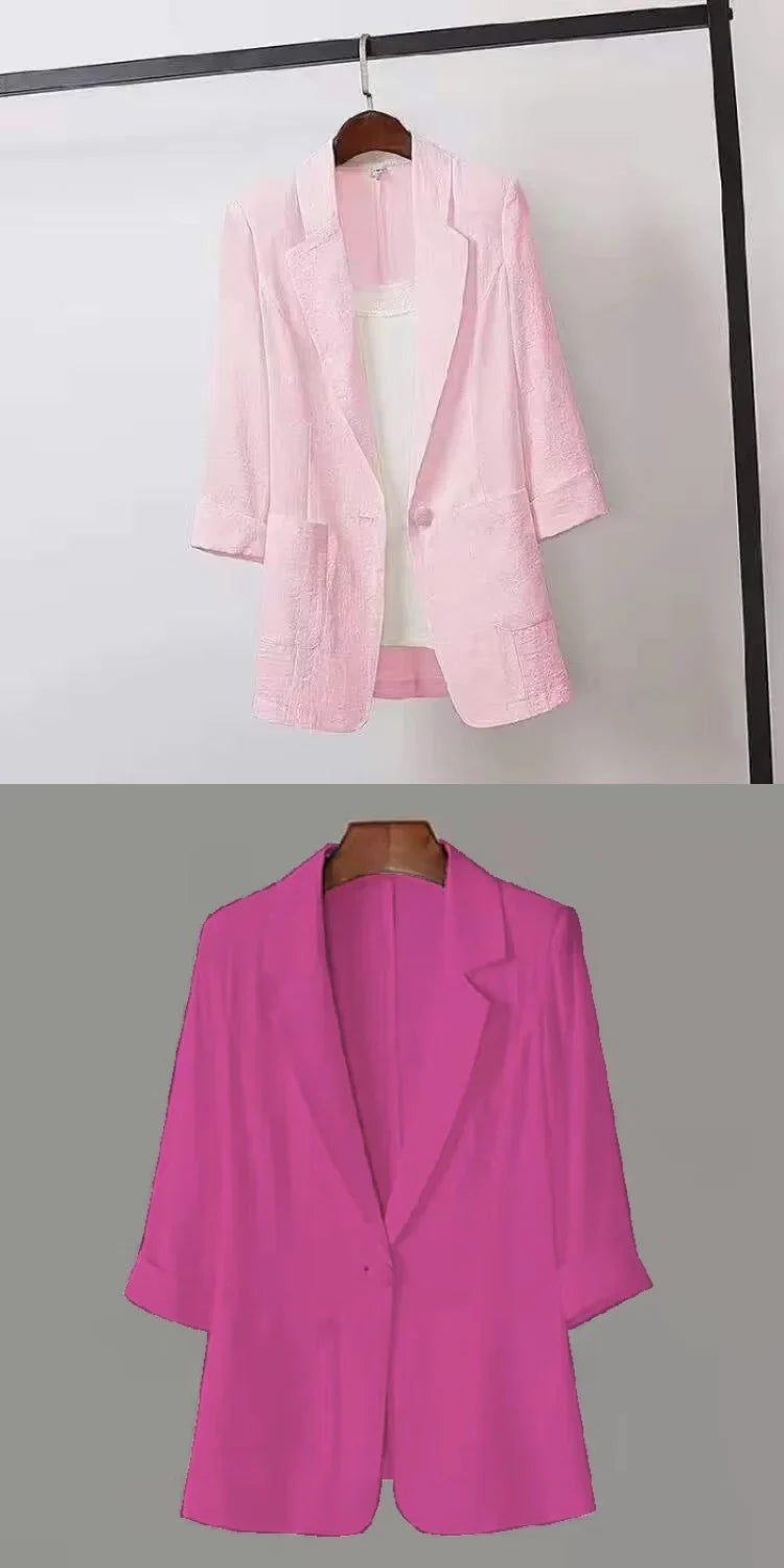 Summer New Sle Women's Linen Suit Jaet Thin Seven-Quarter Sve Drapey Fit Formal Wear Casual Commute Pure Color