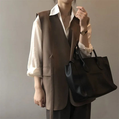 Women V-Neck Suit Coats Casual Sleeveless Blazer Korean Style Oversize Work Vests 2025 Spring Elegant Solid OL Blazer