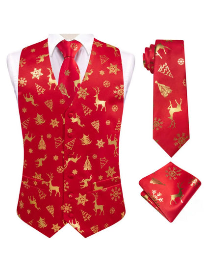 Men's Christmas Print Vest 3-Piece Set with Tie and Pocket Square for Holiday Parties