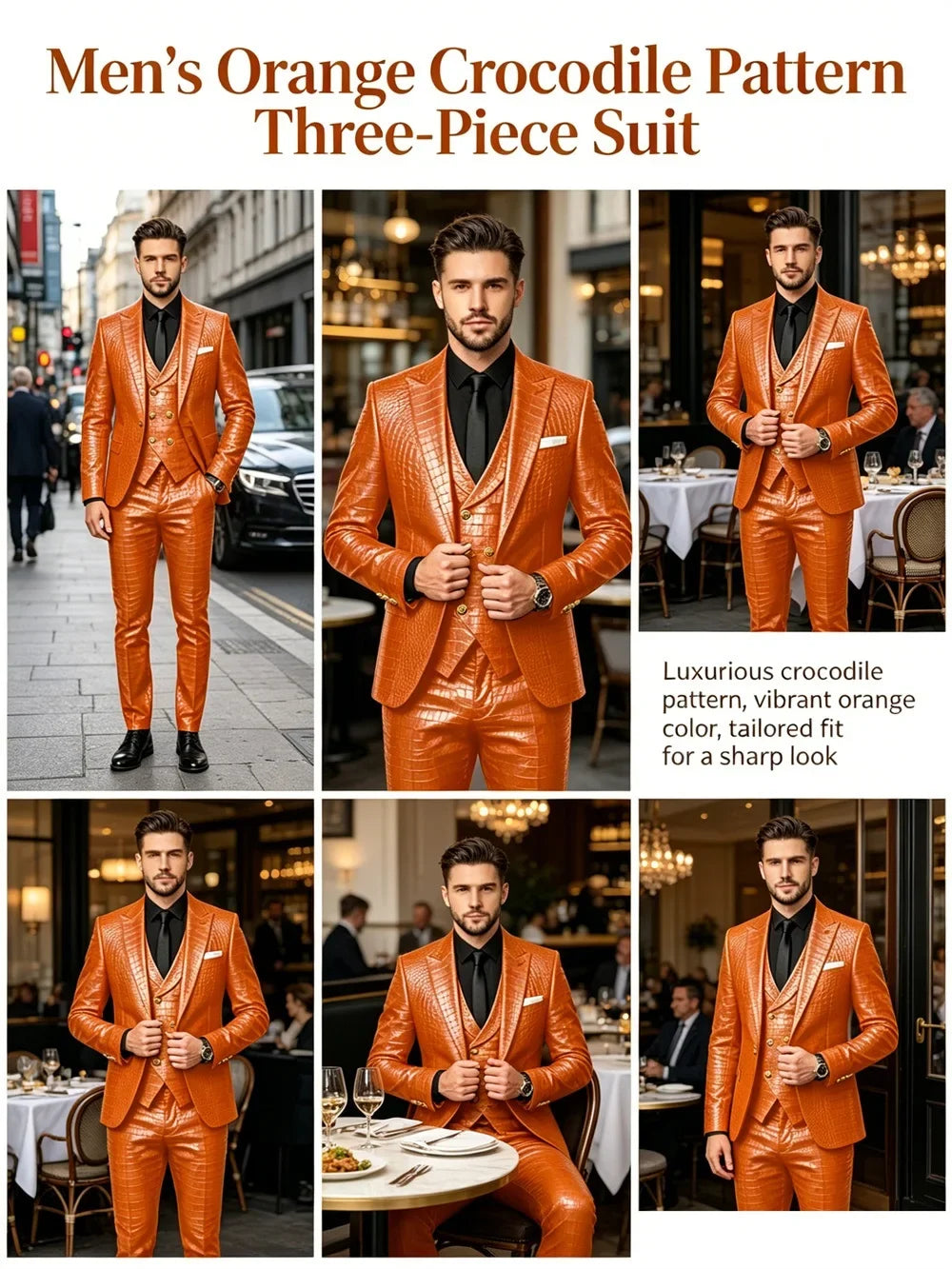 Men's 3 Piece Suit Crocodile Pattern Prime PU Leather Single Breasted Gold Buttons Slim Fit Wedding Dinner Party Formal Outfit ﻿