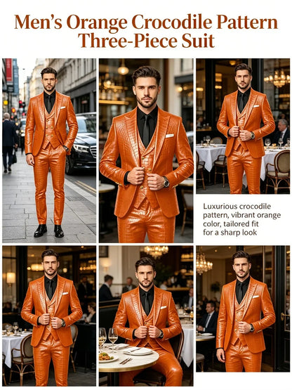 Men's 3 Piece Suit Crocodile Pattern Prime PU Leather Single Breasted Gold Buttons Slim Fit Wedding Dinner Party Formal Outfit ﻿