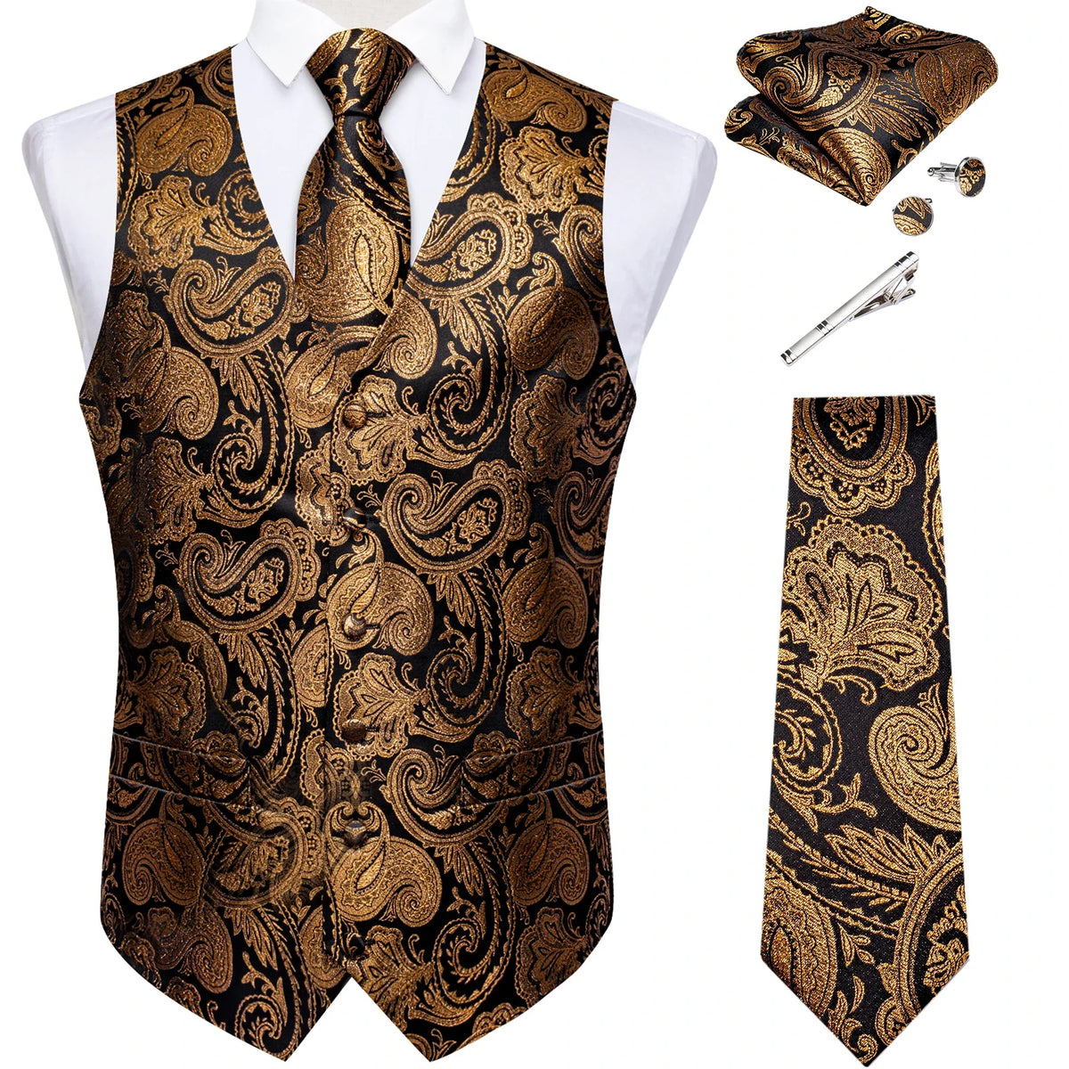 Men's Suit Vest Set with Tie, Handkerchief & Cufflinks for Wedding & Banquet