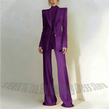 Women Pant Suit 2 Piece Set Office Female Business Work Formal Jacket Trouser One Button Chic Yellow Peaked Lapel Elegant Suit