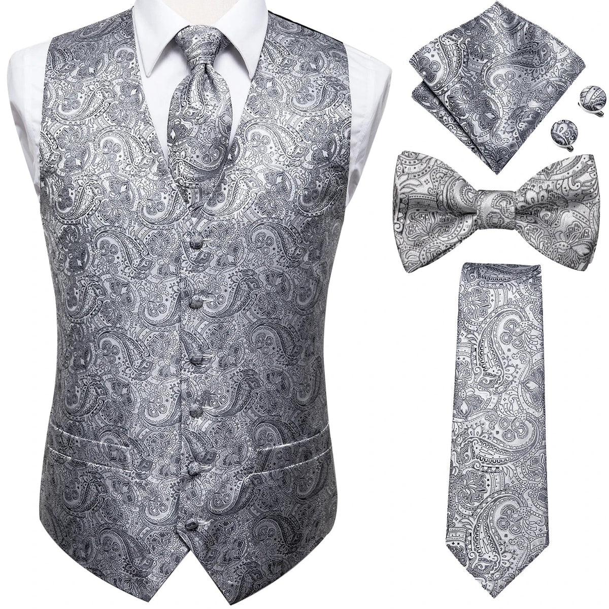 Men's Suit Vest Set – Broadcloth Waistcoat with Tie, Bowtie, Hanky & Cufflinks for Weddings & Office