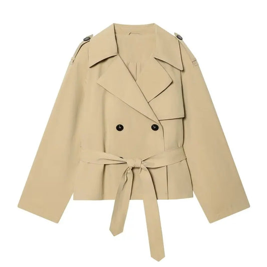 Women's Khaki Lapel Trench Coat Vintage Casual Cropped Cropped Windbreaker with Belt Korean Style Long Sleeve Outerwear Autumn