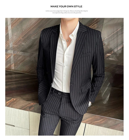 Men's Fashion High-Quality Slim Fit Two-Piece Suit Set Spring Autumn Stripes Business Casual Trousers And Jacket Combo