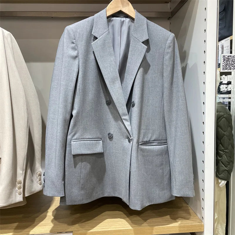Spring Autumn New Women Blazer Notched Collar Double Breasted Pockets Elegant Fashion Office Lady Jacket Chic Coats HK13020