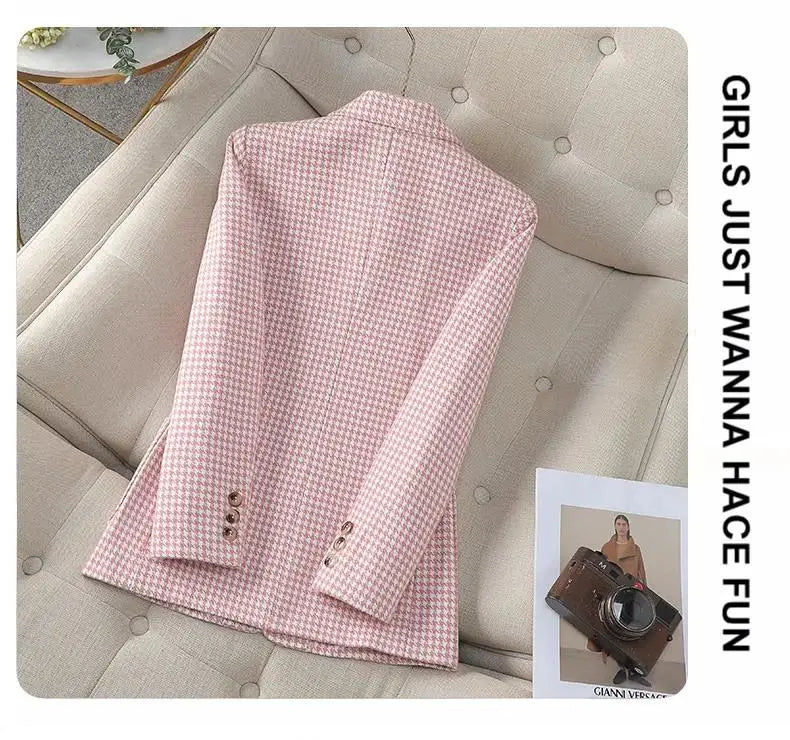 Women Office Ladies Single Breasted Slim Blazer Coat Autumn Winter Fashion Plaid Temperament Long Sleeved Elegant Tops Vacation
