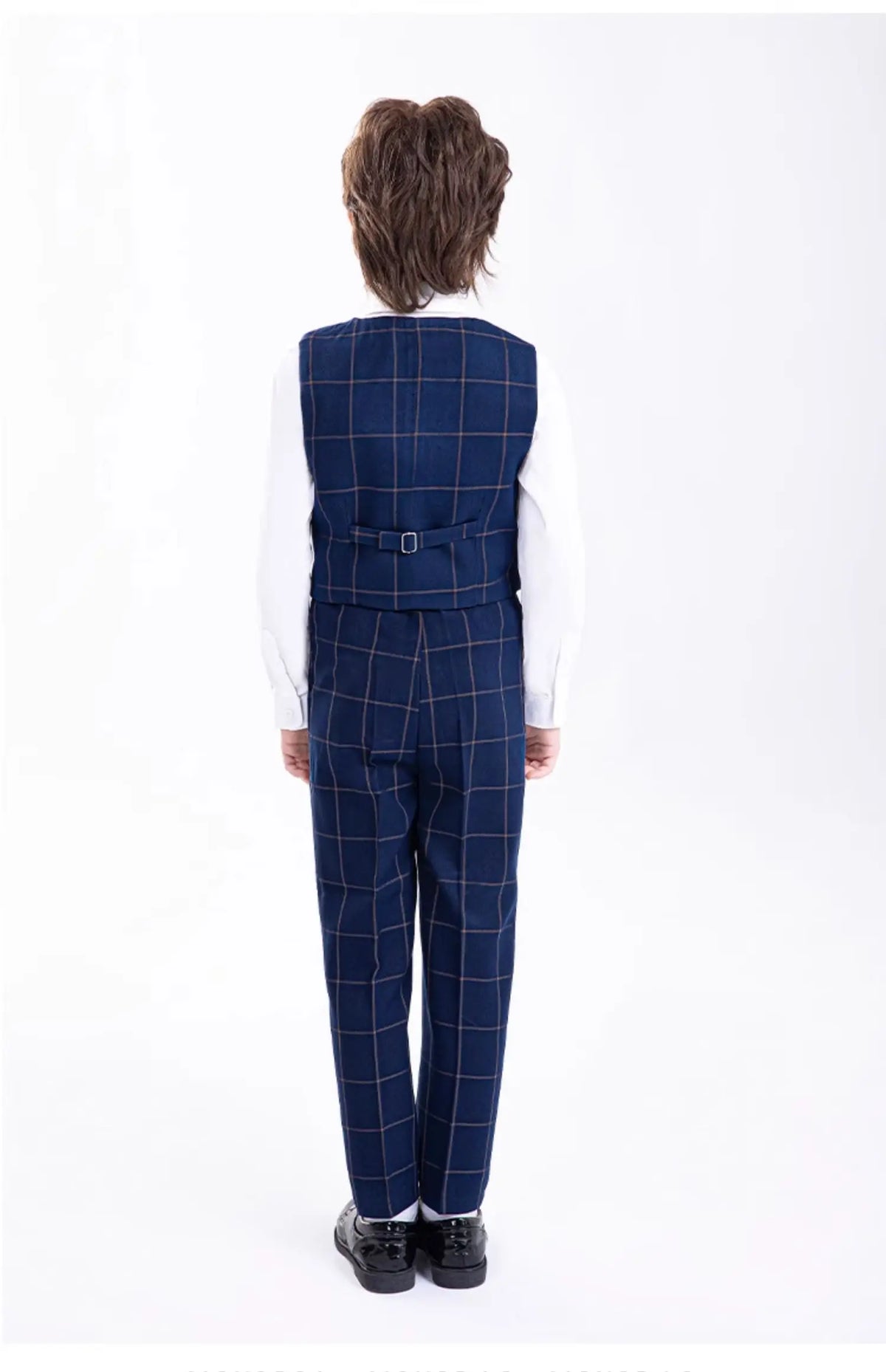 Kids Formal Blue Plaid Blazer Set For Wedding Birthday Boys Jacket Vest Pants Bowtie 4Pieces Suit Set for Piano Host Performance