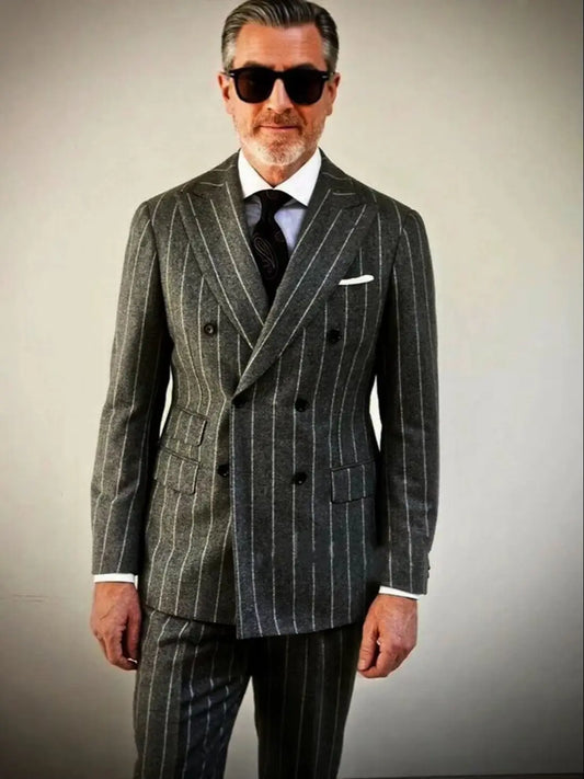 Men's Double Breasted Gray Striped Wedding Suits 2 Piece Groom Tuxedo Set for Business Office Formal Customized Men Suits