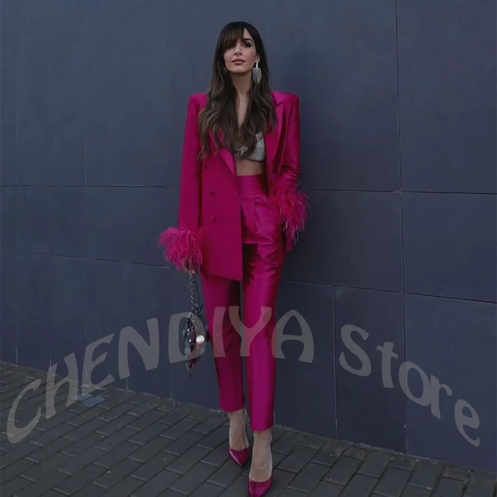 Fuchsia Satin Women's Suit Set Peak Lapel Shiny Glossy Blazer with Feather Elegant Luxury Outfit for Dinner Party Formal Event