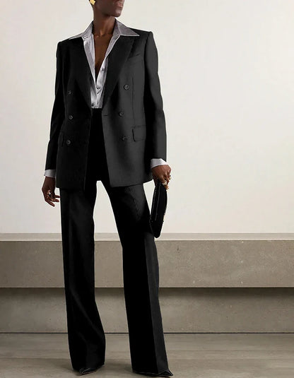 Fashion Grey Double Breasted Women Pants Set High-end Female Two Pieces(Jacket+Trousers)أطقم بناطيل