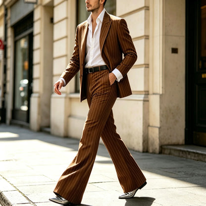 Men's Suit 2-Piece Slim Fit Pinstripe Blazer & High Waist Flared Pants for Business Casual and Formal Occasions