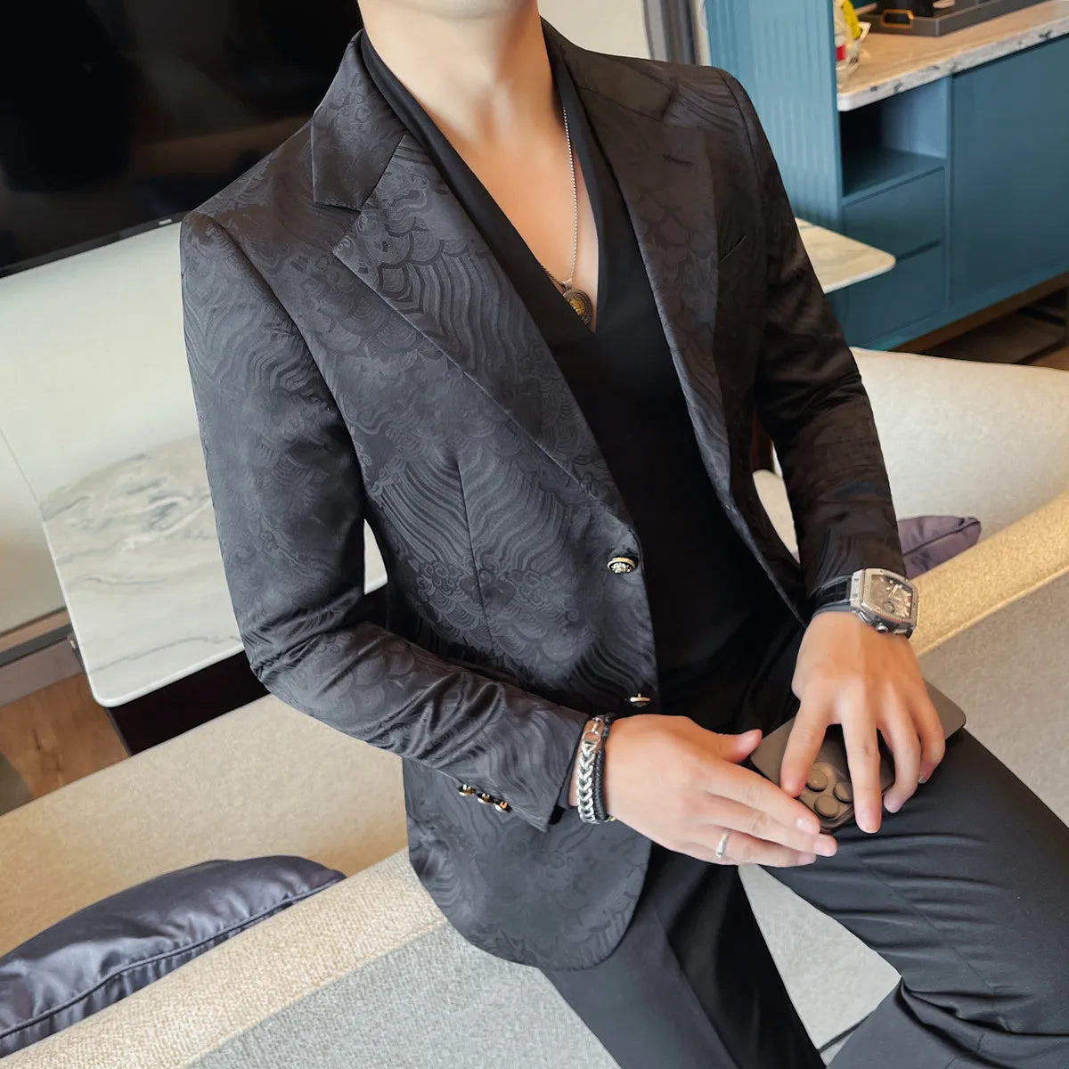 Luxury Jacquard Casual Suit Jacket for Men Autumn Korean Fashion Business Social Blazers Handsome Office Wedding Dress Jacket