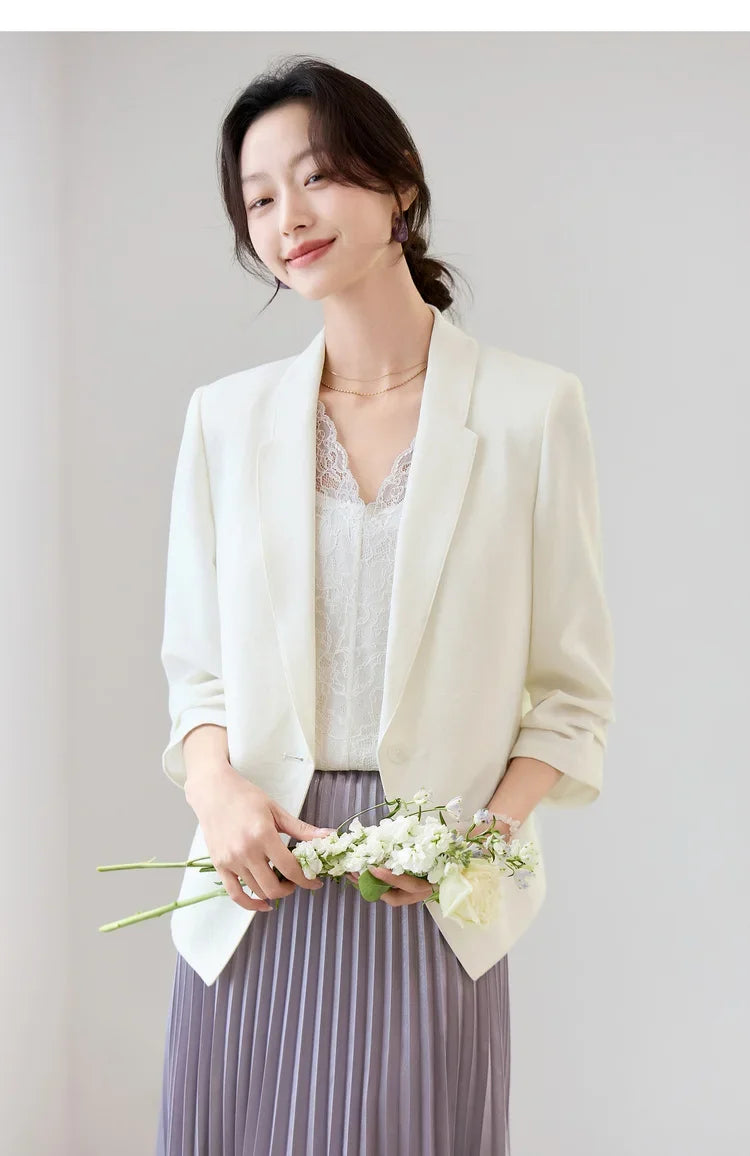 Blazer For Women's Commuter Flat Collar, One Button-down Shoulder Pads, Seven-quarter Sleeves Short Jacket 152XC1936