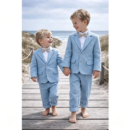 Beige Linen 2 Pieces Boys Suit Jacket Pants Kids Ring Bearer Outfit Breathable Summer Beach Wedding Birthday Party Costume