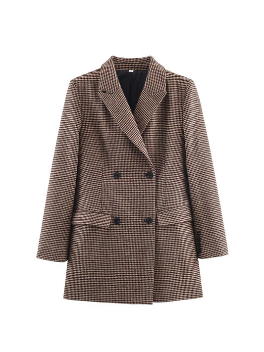 Women Brown Plaid Blazer Jacket Y2k 2000s Vintage Office Ladies Suit Coat Long Sleeve Single Breasted Oversize Outerwear Autumn