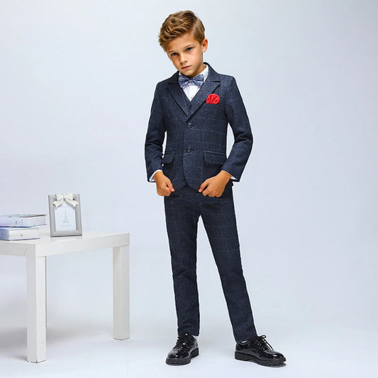 Kids Plaid Jacket Vest Pants 3PCS Party Photograph Set Boys Formal Wedding Suit Big Teenager Tuxedo Dress Children Dance Costume
