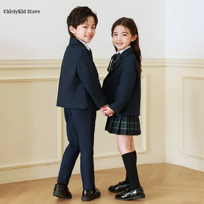 Children British School Uniforms Girls Preppy Jacket Pleated Skirts Boys Blazers Pants Suits Kids Teenage Student Clothes Sets