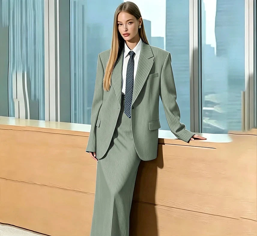 Stylish Gray Pinstripe Woman Clothing Single Breasted 2 Pieces Jacket Maxi Skirt Suit Set Formal Business Office Lady Wear