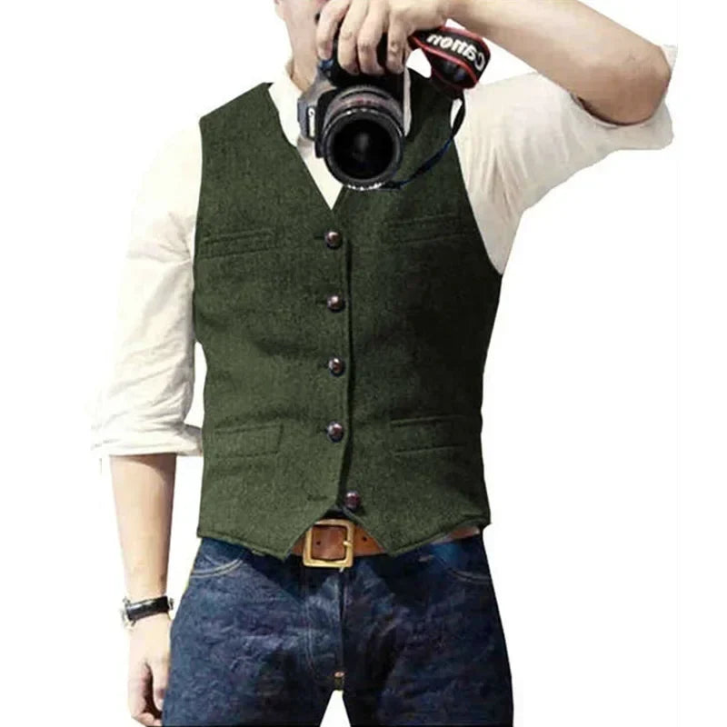 Men's Waistcoat Herringbone Wool Blend V-Neck Single Breasted Vest for Weddings and Smart Casual