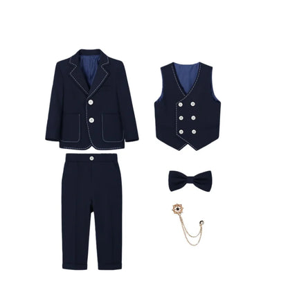 Gentlman Boys Formal Wedding Suit Set Kids Blazer Vest Pants Bowtie Brooch 5Pieces Clothes Set Children's Performance Costume