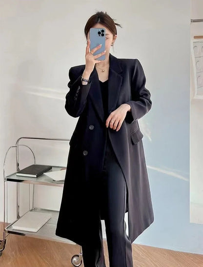 Elegant Women's Basic Solid Color Single Breasted Loose Casual Long Suit Jacket 2025 Spring Autumn Premium Trench Black Coat