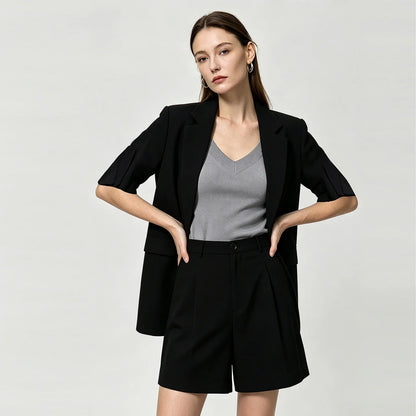 Women's Blazer 2026 Summer New Notch Lapel Linen Blend Pleated Half Sleeve Jacket Casual Office Midi Length Coat 12642184