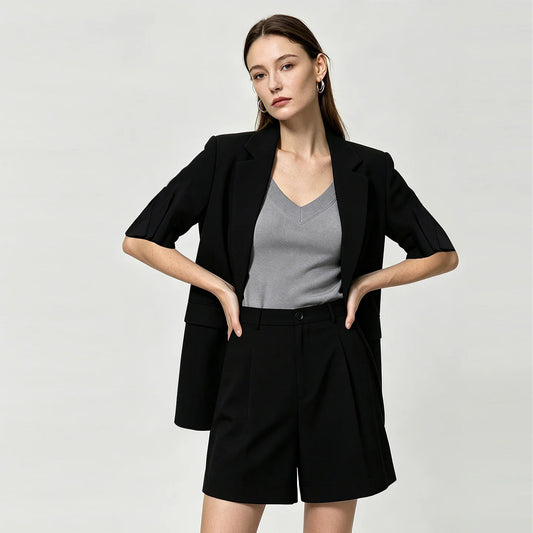 Women's Blazer 2026 Summer New Notch Lapel Linen Blend Pleated Half Sleeve Jacket Casual Office Midi Length Coat 12642184