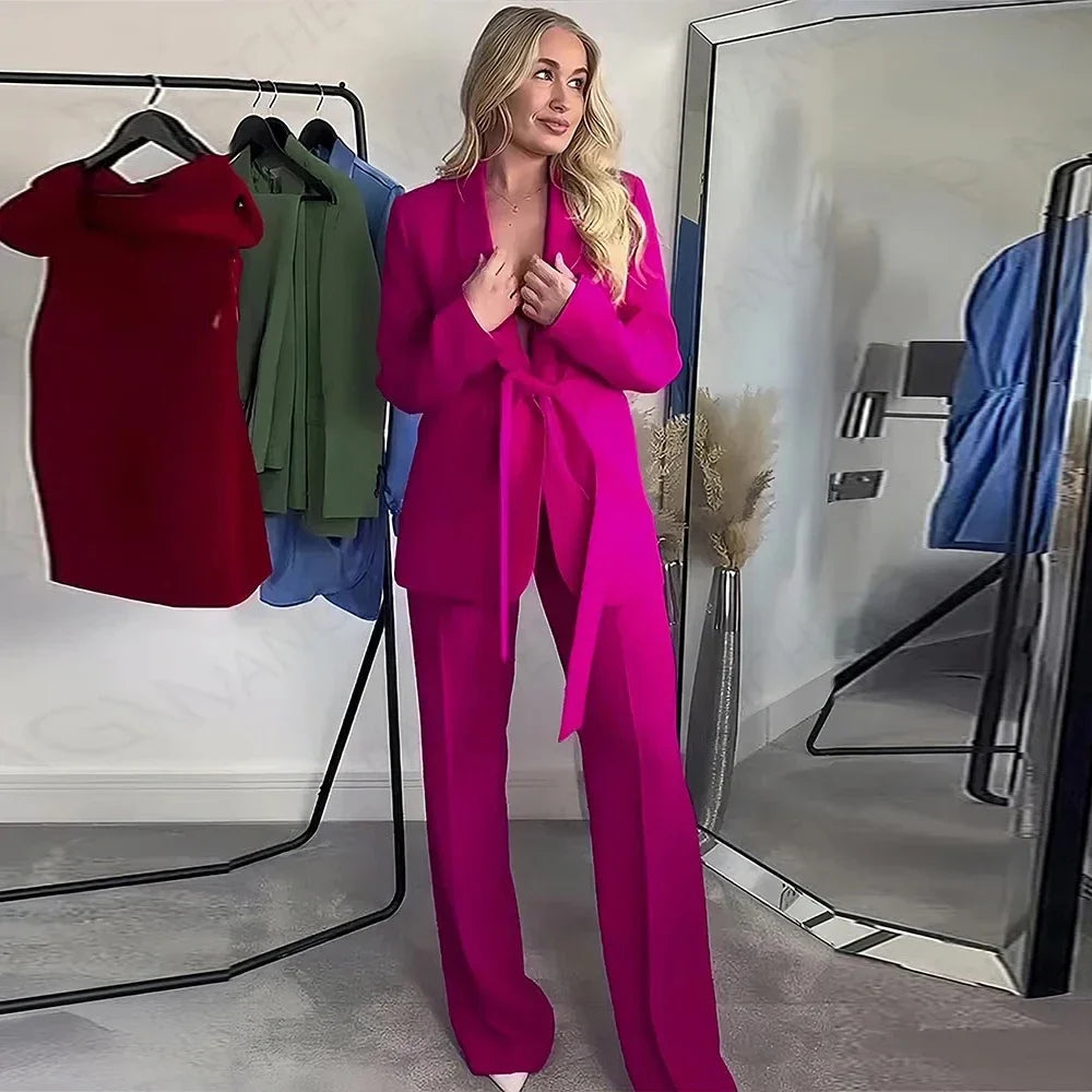 Elegant Shawl Lapel Women Suits Two Piece Summer Long Sleeves No Buttons Tuxedo Slim Casual Daily Pants Sets (Blazer+Pants)