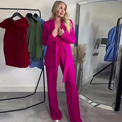 Elegant Shawl Lapel Women Suits Two Piece Summer Long Sleeves No Buttons Tuxedo Slim Casual Daily Pants Sets (Blazer+Pants)