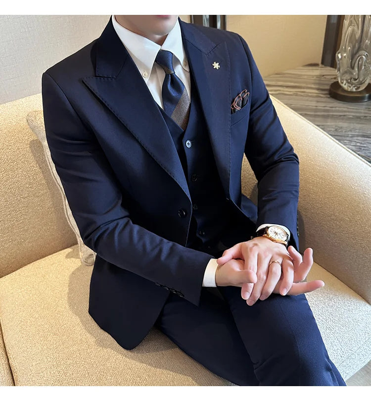 (Blazer + Vest + Trousers) 2024 New Men Formal Business Solid Suit 3 Pieces Set Italian Style Luxury Wedding Social Party Tuxedo